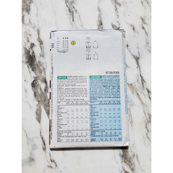 Easy 1990s Sewing Pattern for Unisex Jacket and Vest - Picture 2 of 2